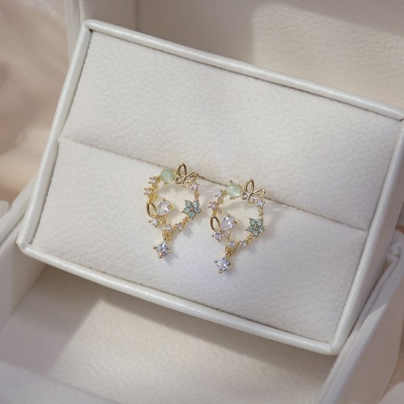 NEW 14K Gold Plated Diamond Flower Butterfly Circle Earrings - Picture 5 of 6